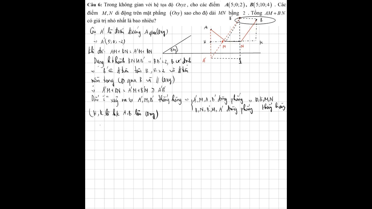 Trong Oxyz, cho A(5;0;2) và B(5;10;4). Các điểm M, N trên (Oxy) sao cho MN=2. Tổng AM+BN nhỏ nhất?