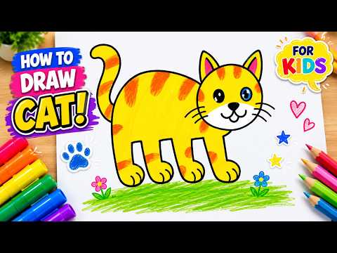 How to Draw a Cute Cat Easy for Kids 🐱 Step by Step Cat Drawing & Coloring Tutorial