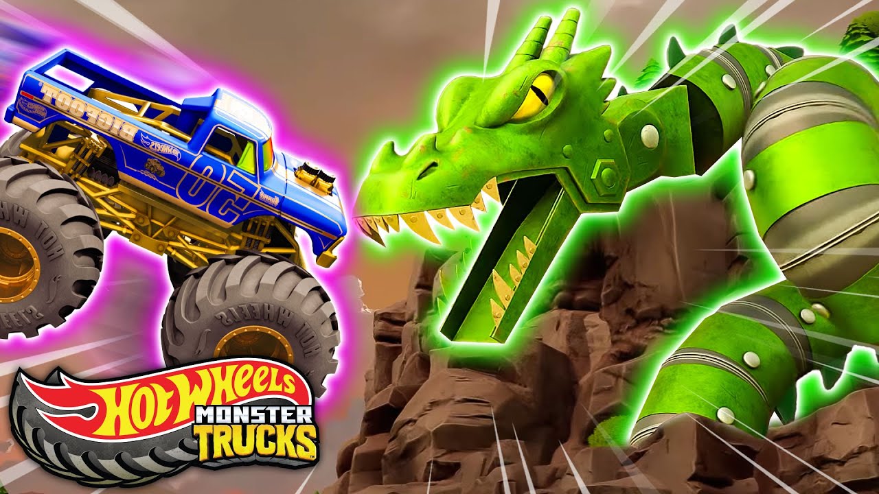 Tiburones 🦈 vs Dinosaurios 🦖 vs Dragón 🐉 | Hot Wheels Monster Trucks