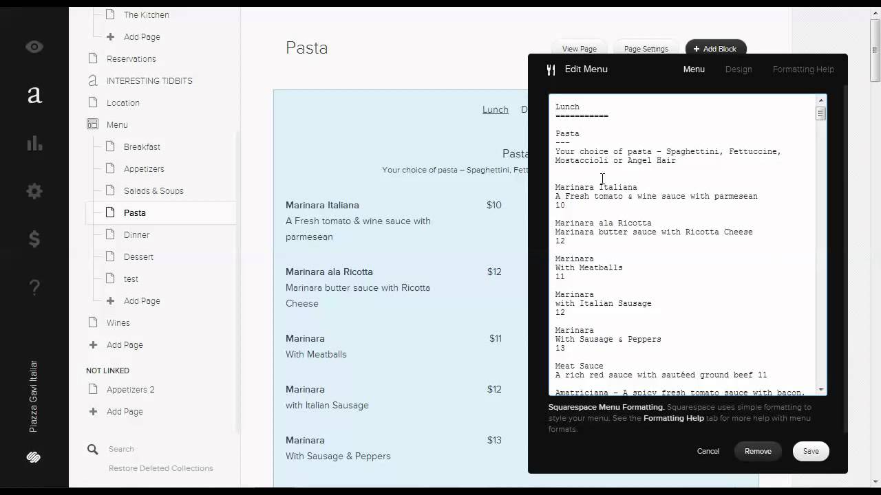 how to change restaurant menu text in squarespace youtube