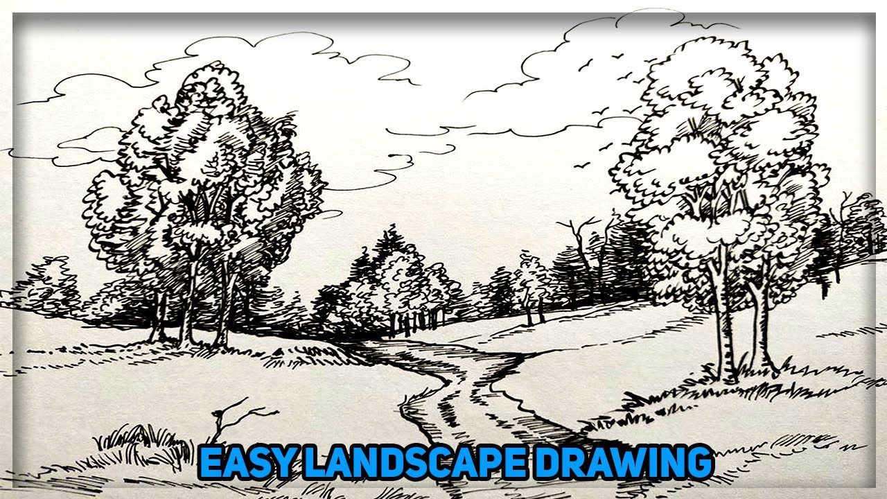 Easy Landscape Drawing With Pen and Ink Landscape Sketch . YouTube