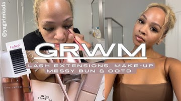 GRWM: AT HOME DIY LASH EXTENSIONS TUTORIAL , GLOWY CLEAN GIRL MAKE-UP, CURLY MESSY BUN & OUTFIT
