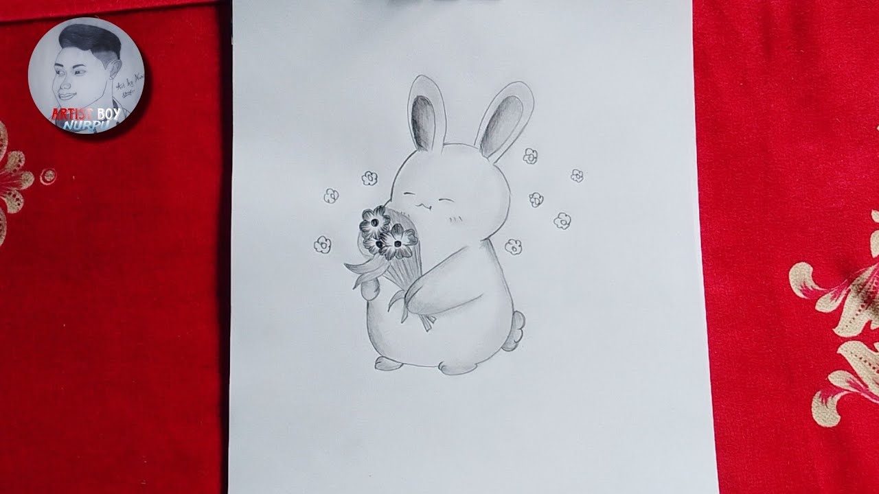 Drawing a rabbit holding a bunch of flowers | Easy way to draw - YouTube