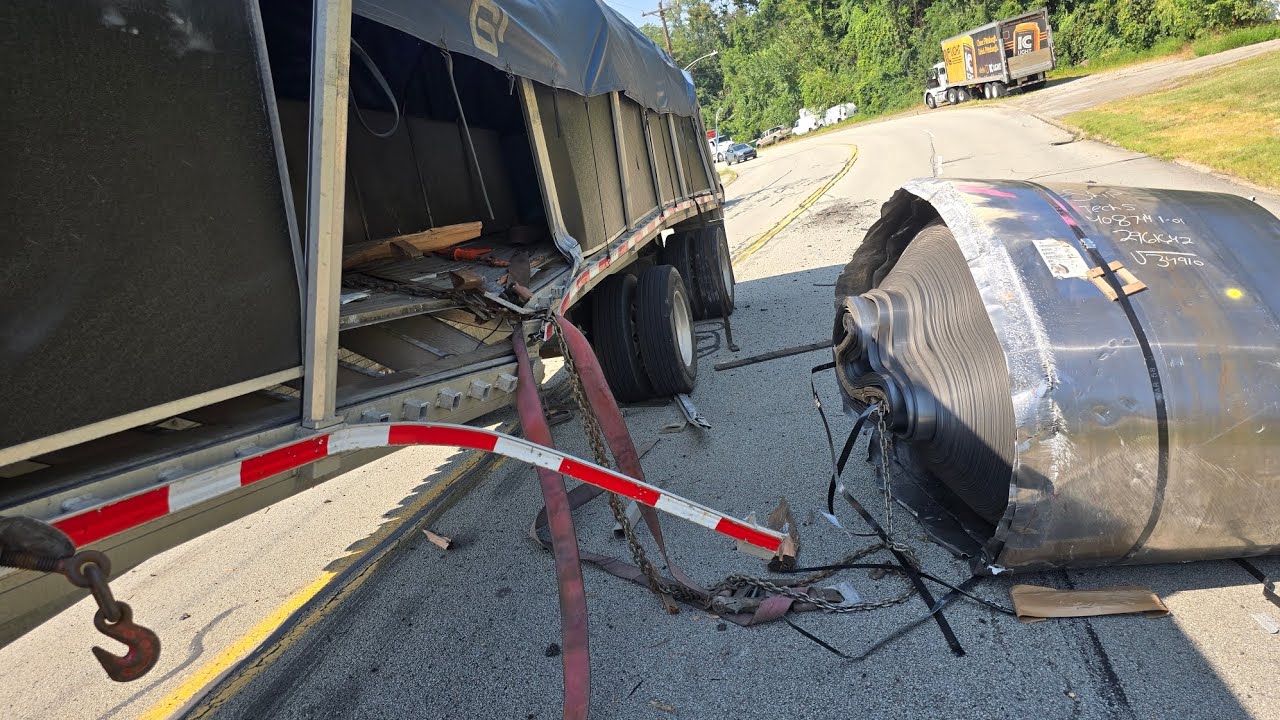 Giant steel coil explodes thru the side of a semi truck and onto ...