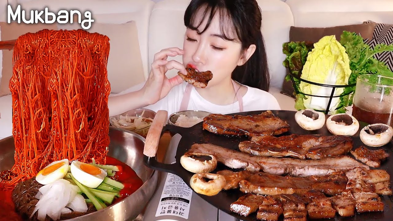 Pork party🥩Pork belly? VS  Pork ribs? I'll grill both of them!😁✨and spicy bibim naengmyeon 🔥mukbang