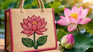 🌸 Beautiful Lotus Cross Stitch on Jute Bag | Easy Hand Embroidery Tutorial | DIY Bag Design 