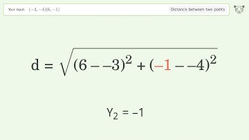 Find the distance between two points p1 (-3,-4) and p2 (6,-1): Step-by-Step Video Solution