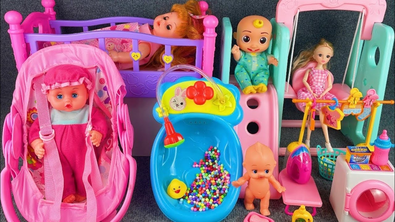 6 Minutes Satisfying and Unboxing Pink Doll Bed & Slide Play Set Toys Review | ASMR