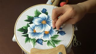 Hand Embroidery Art - Step by Step Blue Wild Roses Embroidery - Detail from Design to Completion