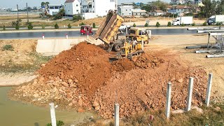 Excellent Work! Processing Filling Up The Land Being Mini Bulldozer Push Dirt And Dump Truck Stone