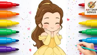 How to Draw Princess Belle Easy Step by Step 💛 Cute Disney Princess Drawing for Kids 