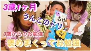 「3歳は褒めてお勉強」うんこドリルとひらがなを覚える　3姉妹3番目