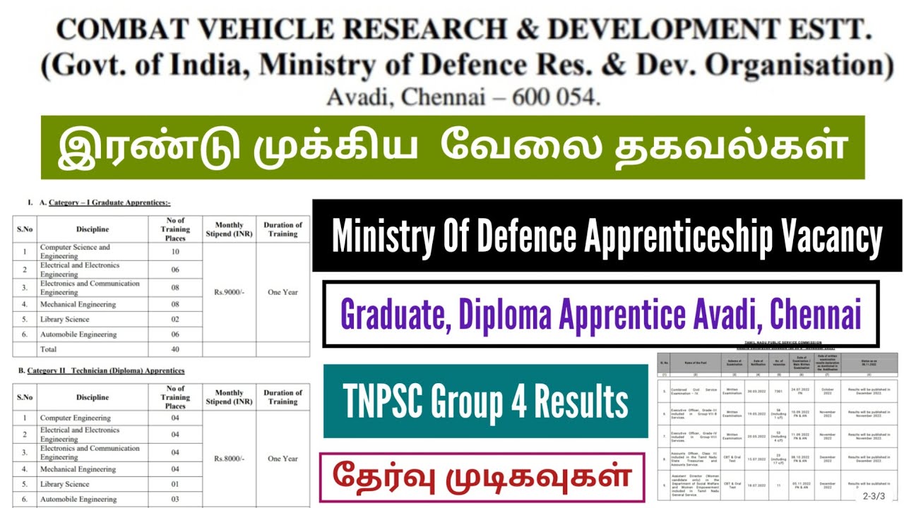 Ministry Of Defence Apprenticeship 2022 Tamil | Tnpsc Group 4 Results Tamil