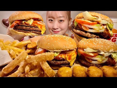 ASMR バーガーキング バーガー2種 オニオンリング ポテト【咀嚼音/ Mukbang/ Eating Sounds】【日本語字幕】