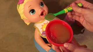 Feeding Baby Alive Snackin Lily Mia Real Applesauce and Watermelon Juice