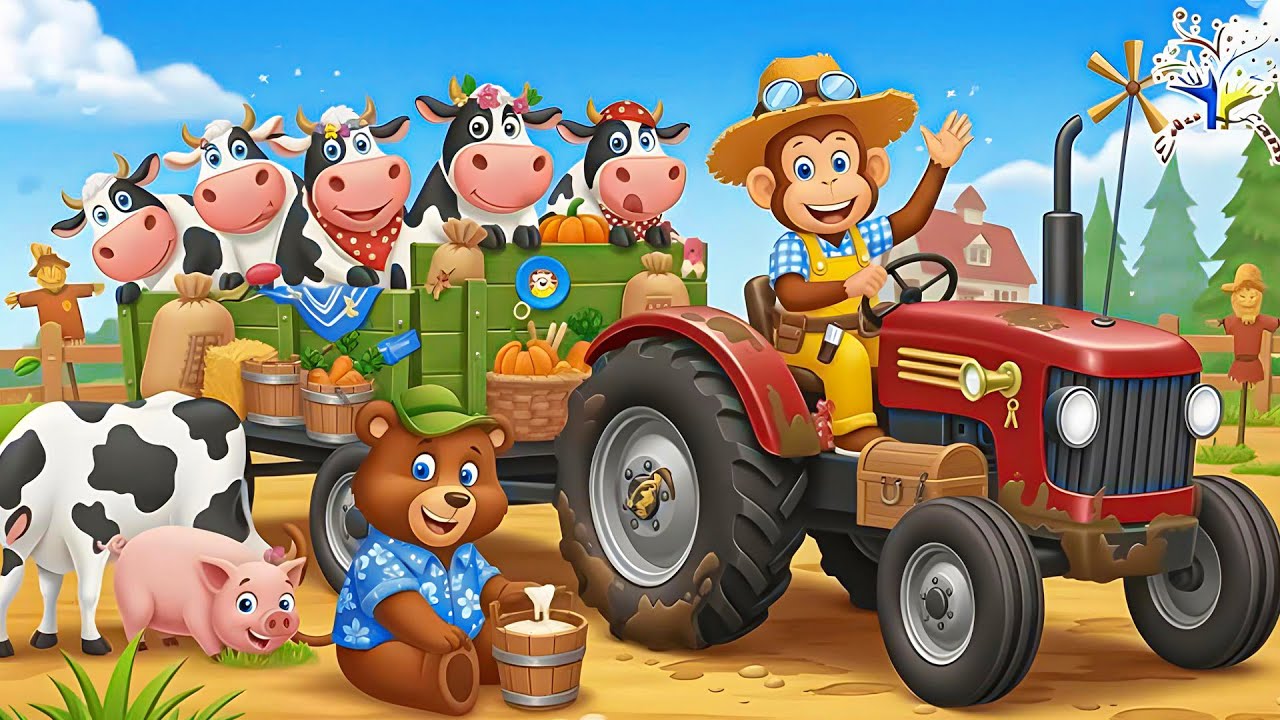 Monkey Farmer’s Big Farm Day 🌾🐵 Carrying Baby Cows With Dino & Elephant – Happy Tractor Adventure 🚜💚