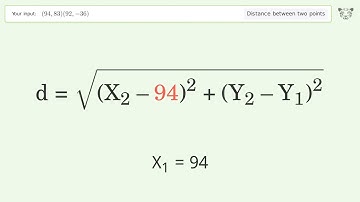 Find the distance between two points p1 (94,83) and p2 (92,-36): Step-by-Step Video Solution