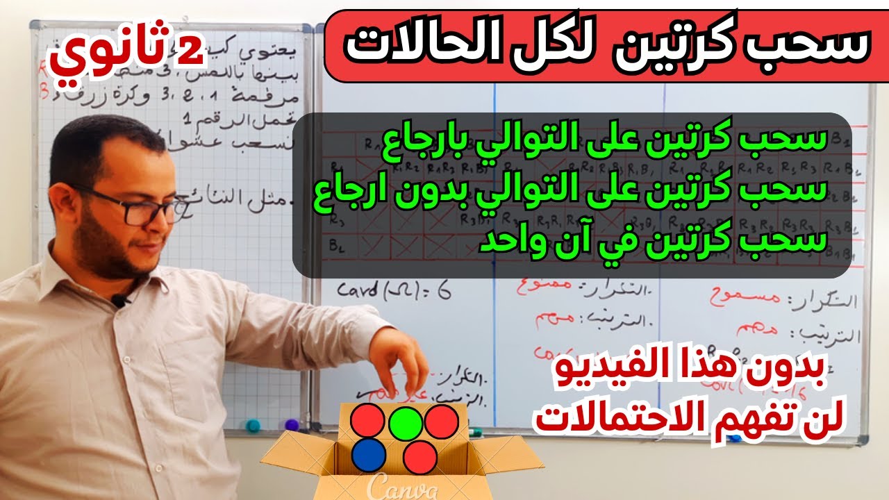 كل الحالات الممكنة لسحب كرتين، على التوالي بارجاع، بدون ارجاع، في آن واحد في محور الاحتمالات 2 ثانوي