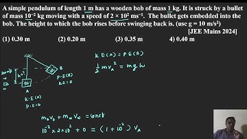 A simple pendulum of length 1 m has a wooden bob of mass 1 kg .It is struck by a bullet of mass