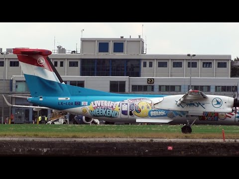 LUXAIR Dash 8-400 {LX-LQA} in full arrival and departure action at London City Airport - SUMO ART