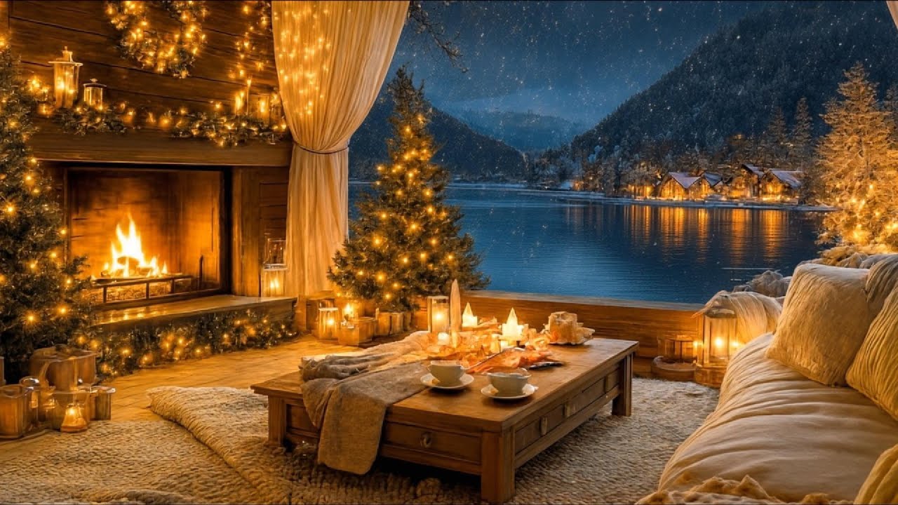 Crackling Fire by the Lake | Cozy Winter Night Ambience | Calm & Peaceful