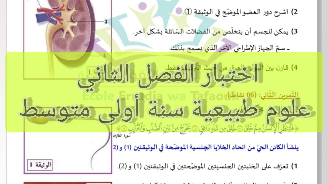 اختبار الفصل الثاني علوم طبيعية سنة أولى متوسط