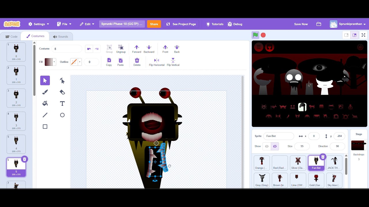 How to make Sprunki Phase 10 on Scratch Part 4 doing Costumes and Sounds of FunBot   By Tej