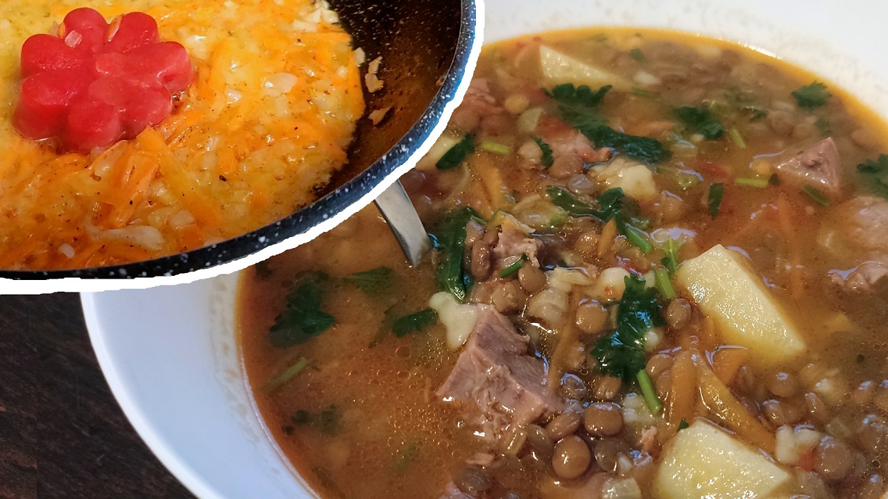 Суп из чечевицы с говядиной, картошкой и кусками теста