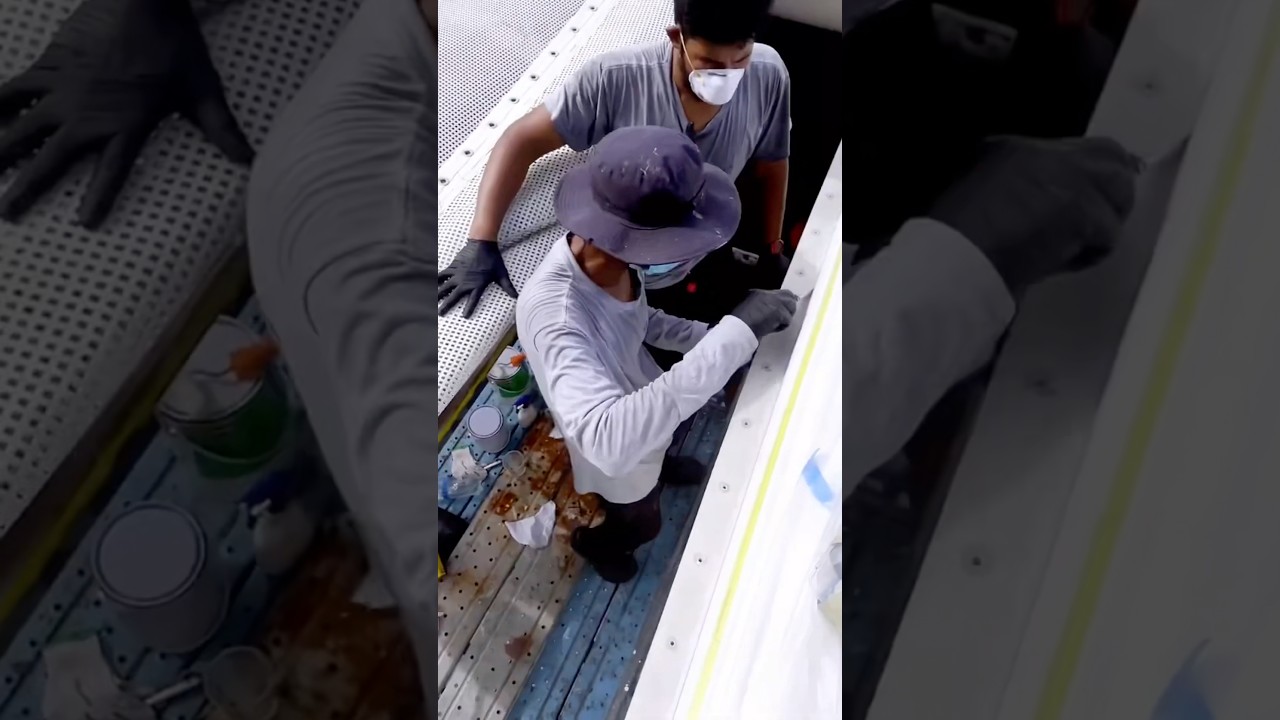 Hard at work strengthening the trampoline… 🛠️ #sailingfamily #boatwork