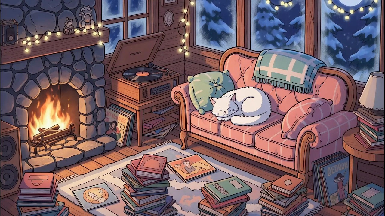 Cozy Rainy Night by the Fireplace 🐾🔥 Calm Lofi Beats for Reading, Study & Relax