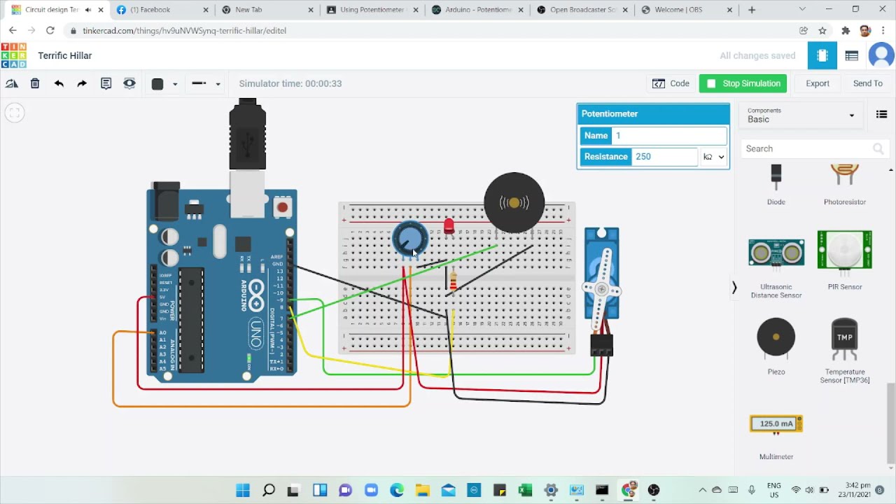 Controlling servo motor, led and buzzer using potentiometer - YouTube