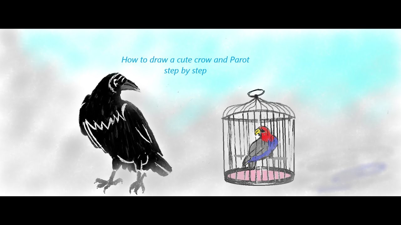 how to draw a cute crow and parot step by step