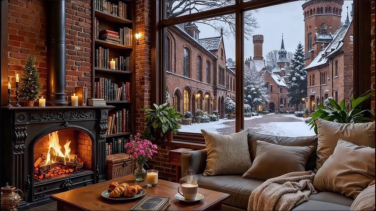 Peaceful Winter Night Ambience ~ Relaxing Jazz Music and Warm Fireplace Sounds for Work and Study