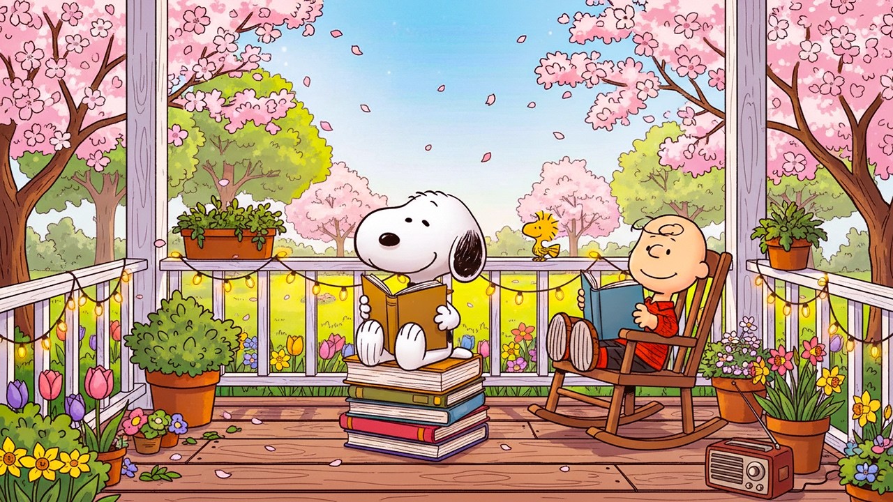 Snoopy Spring Balcony Lofi 📚 Cherry Blossom Reading Vibes ☕ Chill Beats for Study / Relax / Focus