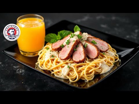 Spaghetti Alfredo with Marinated Ribeye and Passion Fruit Soda