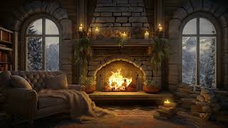 Winter Cozy Room in Snowy day ❄ Fireplace Sounds in Cozy Cabin  Gentle Jazz for Relax & Sleep