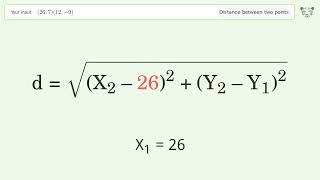 Find the distance between two points p1 (26,7) and p2 (12,-9): Step-by-Step Video Solution