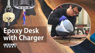 Reclaimed Slab Epoxy Desk With Wireless Charger Toolstoday
