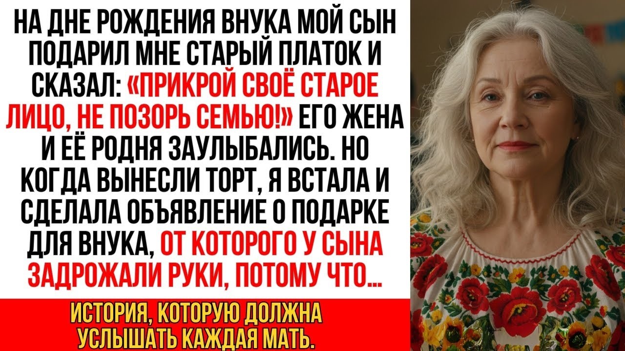Сын подарил мне старый платок, сказав: «Прикрой старое лицо!» Все засмеялись. Но когда вынесли торт…