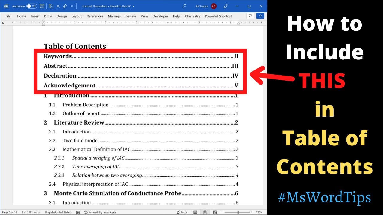 How To Add Sectionheading Before Table Of Contents Into Table Of