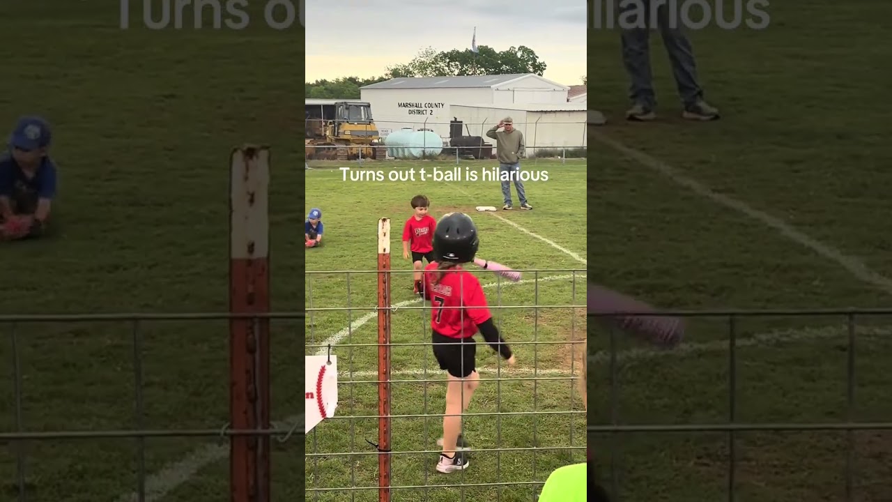T-Ball player hits the ball off the tee and then drops his helmet, puts it on upside down!