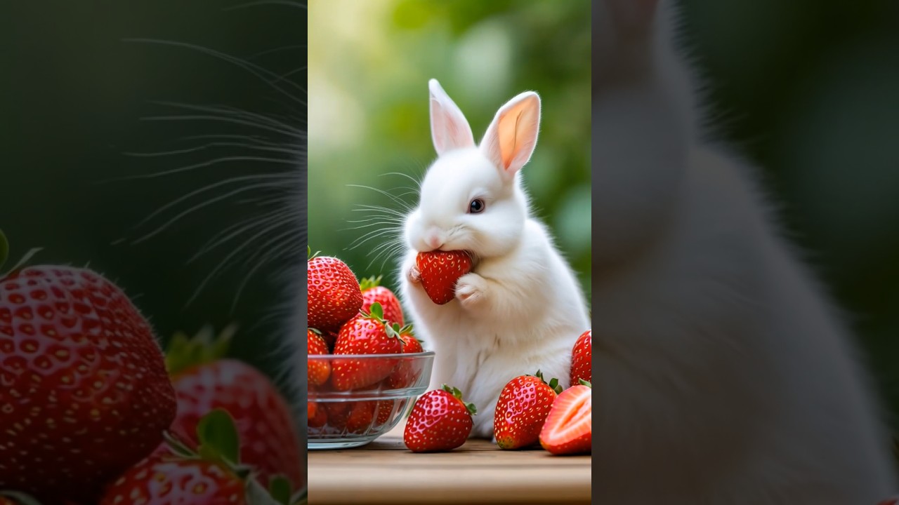 🍓 Cutest Strawberry Feast Ever! Tiny Bunny’s Adorable Munching Moment 🐰❤️