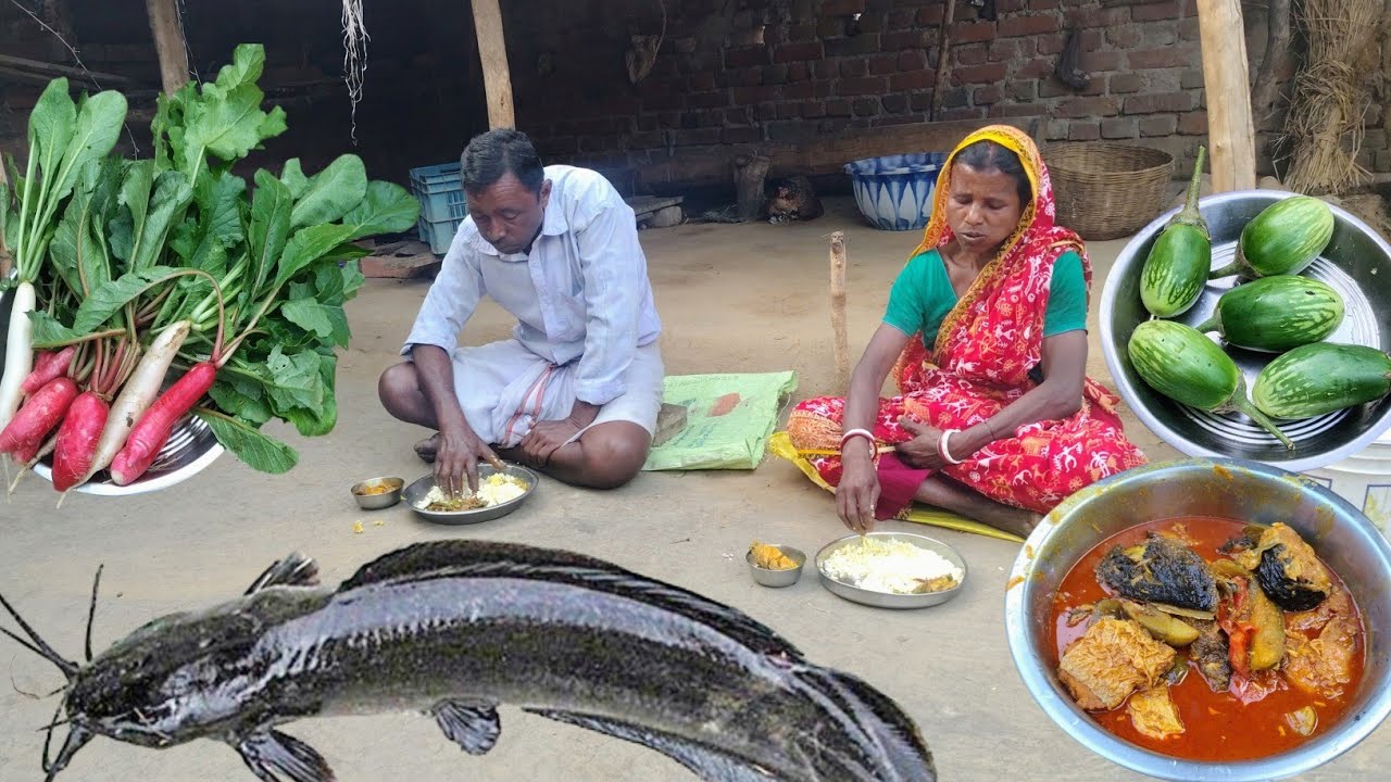 how to cook MAGUR fish curry|Fried red radish with eggplant by tribal parents|Village cooking 