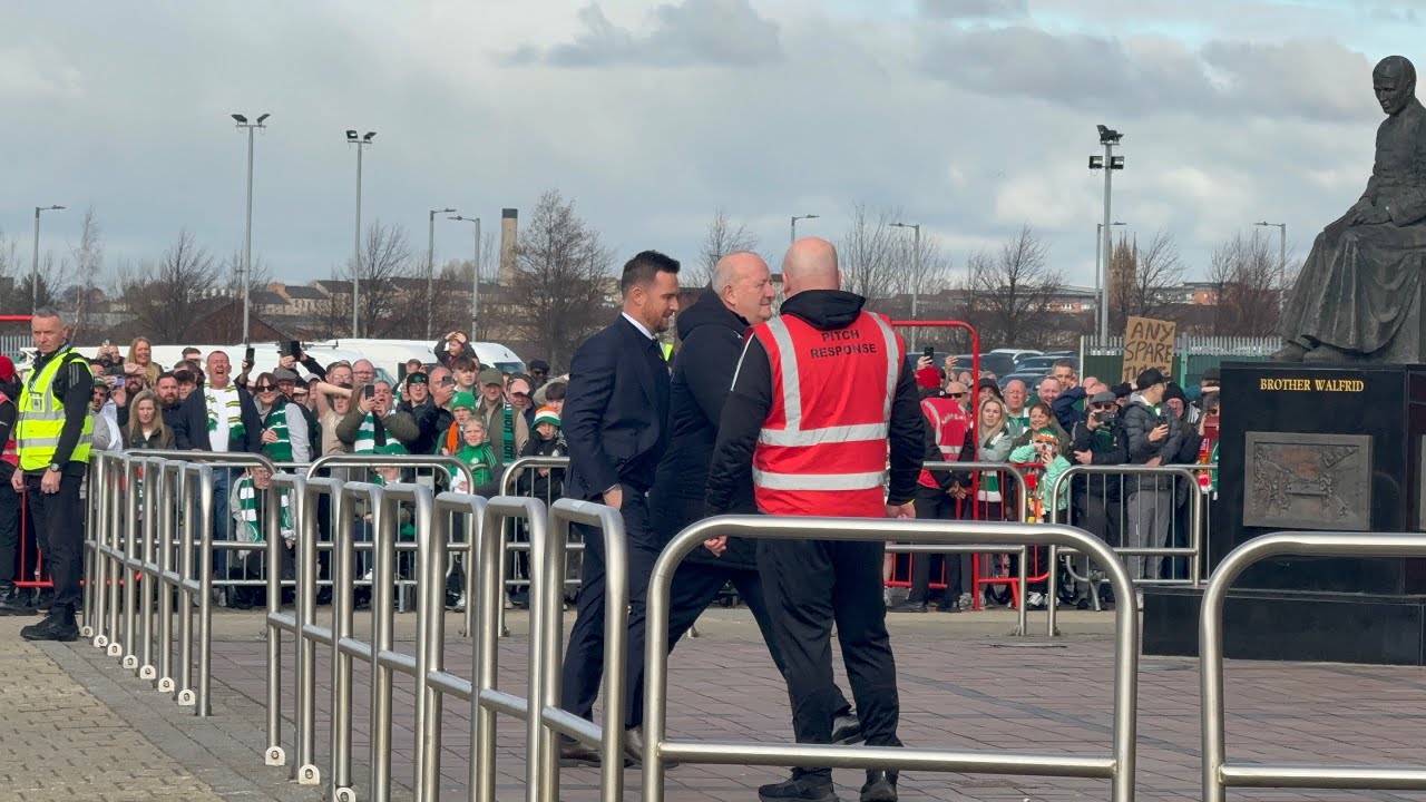 CRAZY SCENES !!! RANGERS TEAM BUS ARRIVING AT CELTIC PARK BEFORE THE CELTIC V RANGERS GAME
