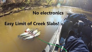 Easy old school creek crappie limit! No electronics, jig and bobber and up close bobber action!