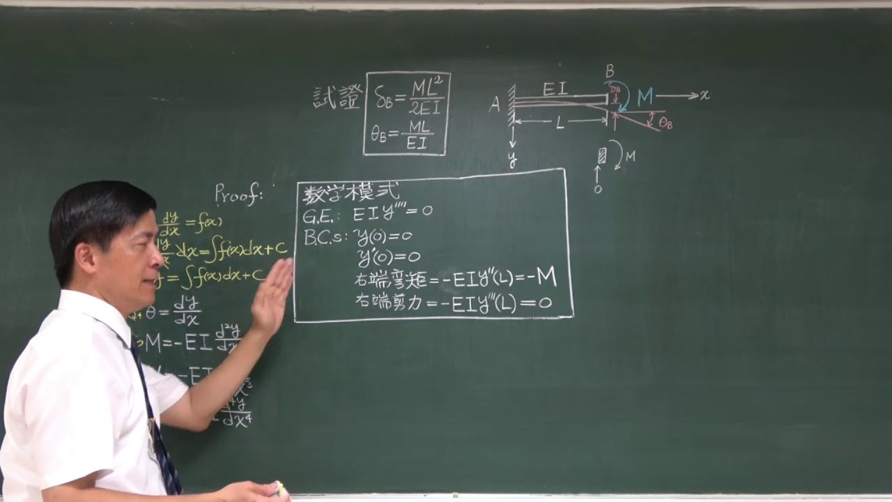 呂志宗 結構學009 - 懸臂梁自由端受彎矩M作用時之最大撓度 yₘₐₓ = ML²/2EI 和最大傾角 θₘₐₓ = ML/EI - YouTube