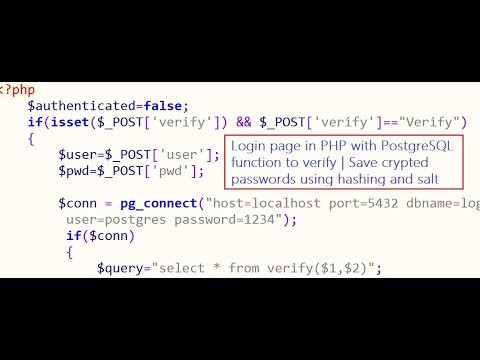 Login page in PHP with PostgreSQL function to verify | Save crypted passwords using hashing and salt