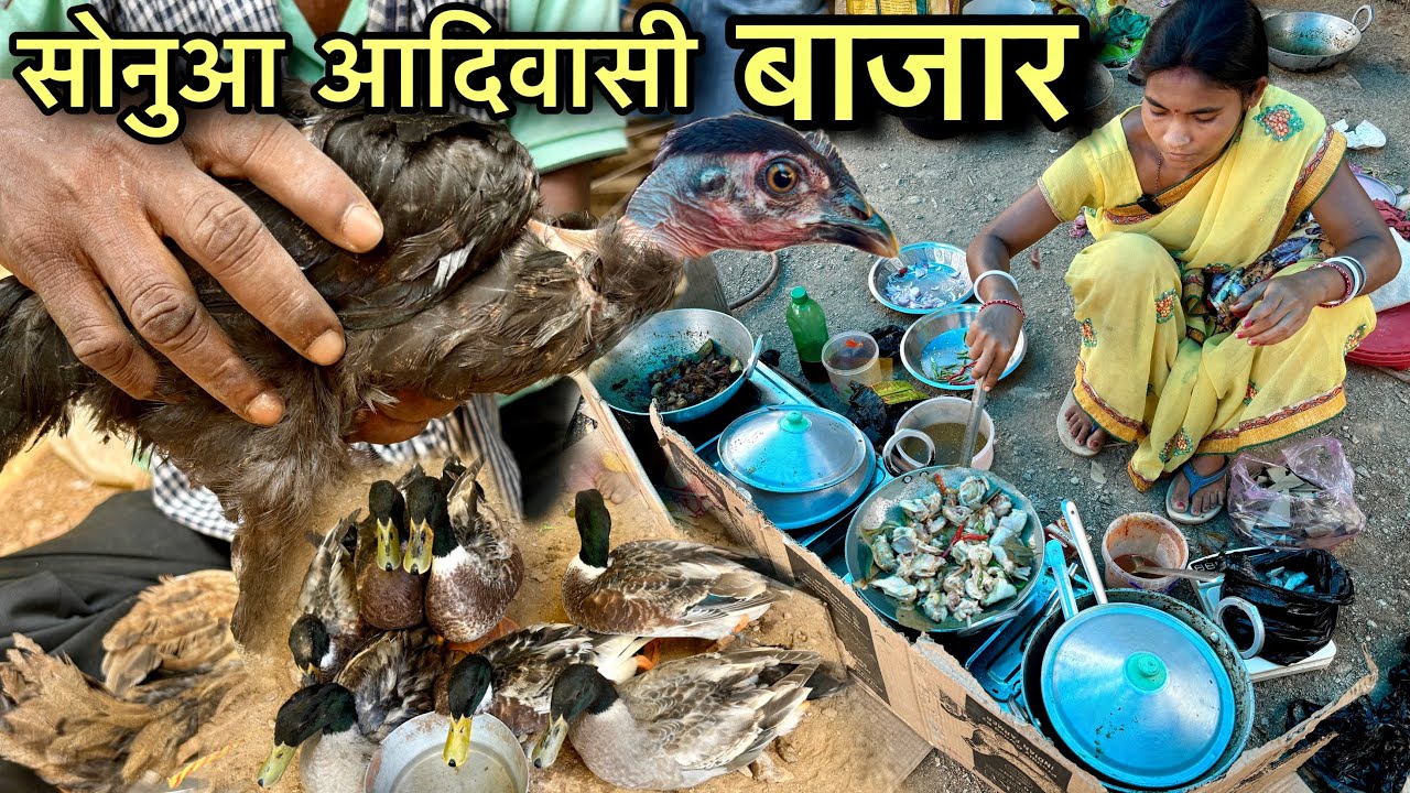 सोनुआ आदिवासी बाजार | Rs120 मे खाए 1Kg देशी जंगली मुर्गा | Village Tribal Market | Chicken Recipe