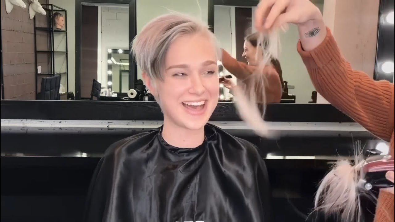 Girl with platinum pixie cut gets a buzzcut makeover (HD remaster and edit)