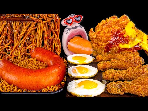 Kielbasa Black Bean Noodles, Fried Chicken | REALMOUTH ANIMATION ASMR MUKBANG